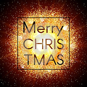 Christmas card on abstract explosion background with gold glittering elements and burst of glowing star. Dust firework