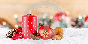 Christmas card advent time with burning candle panorama decoration and copyspace copy space