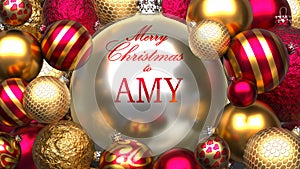 Christmas card for Amy to send warmth and love to a dear family member with shiny, golden Christmas ornament balls and Merry