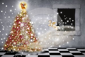 Christmas card, angels decorating the tree