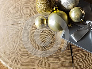 Christmas card background with decorations on wooden table