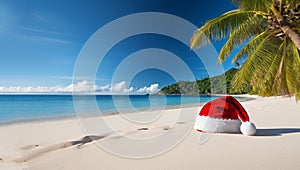 Christmas card or background A Santa hat lies on beautiful tropical beach with palm trees, white sand and turquoise