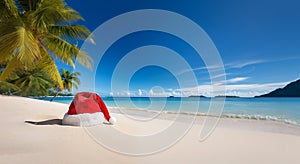 Christmas card or background A Santa hat lies on beautiful tropical beach with palm trees, white sand and turquoise