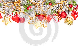 Christmas card background. Winter fir branches, gifts, garland and glass balls