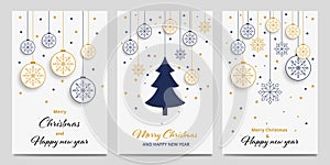 Christmas card backgrounds with blue and golden shapes of christmas ball, snowflake icons and stars