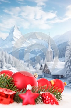 Christmas card with balls baubles background copyspace copy space in the mountains portrait format winter decoration snow
