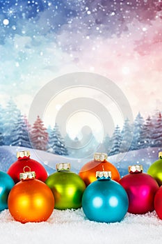 Christmas card with balls baubles and winter forest background copyspace copy space decoration portrait format