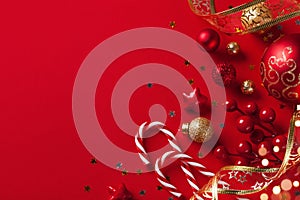 Christmas card or banner. Christmas decorations on red background