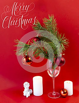 Christmas card, banner, flatlay with text - Merry Christmas on a red background