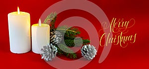 Christmas card, banner, flatlay with text - Merry Christmas on a red background