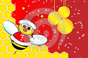 Christmas card with a bee Santa Claus and beehive