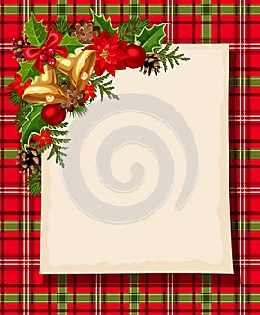 Christmas card with bells, holly, cones, balls, poinsettia and tartan. Vector eps-10.