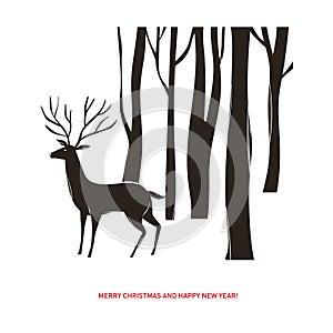 Christmas card , black and white hand drawn graphic, deer in the forest.