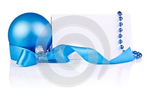 Christmas Card with Blue Ball, ribbon bow, beads