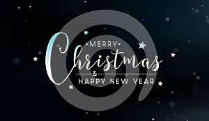 Christmas card with bokeh lights and snow on blue background. Merry Xmas wishes. Happy New Year. Generative Ai