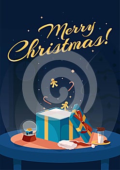 A Christmas card with a box with a gift, sweets, a glass snow globe, a Christmas tree. Vector illustration for printing.