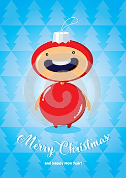 Christmas card with boy in fir-tree toy costume