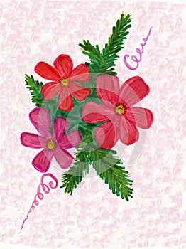 Christmas card with branches red flowers