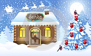 Christmas card with brick house and Santa`s workshop against winter forest background and Santa Claus in sleigh with reindeer tea