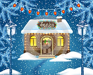 Christmas card with brick house and Santa`s workshop against winter forest background  and vintage streetlamps