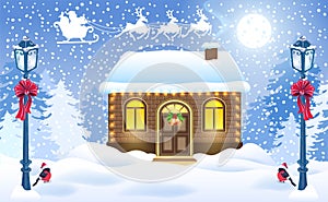Christmas card with brick house and Santa`s workshop against winter forest background  and vintage streetlamps