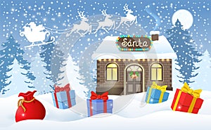 Christmas card with brick house and Santa`s workshop, gift boxes, bag and Santa Claus in sleigh with reindeer team