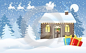 Christmas card with brick house and Santa`s workshop, gift boxes and Santa Claus in sleigh with reindeer team