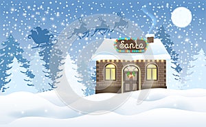 Christmas card with brick house and Santa`s workshop and Santa Claus in sleigh with reindeer team