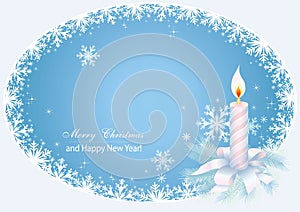 Merry Christmas and  Happy New Year 2023. Christmas background, candle with bow and fir branches on blue oval background