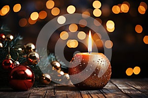 Christmas card with a candle near a Christmas tree branch with light and glitter