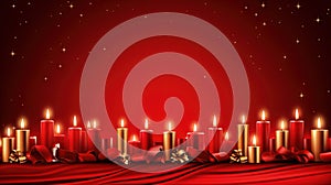 Christmas card with candles burning on the red background. Generated AI.