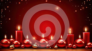 Christmas card with candles burning on the red background. Generated AI.