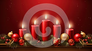 Christmas card with candles burning on the red background. Generated AI.