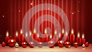 Christmas card with candles burning on the red background. Generated AI.