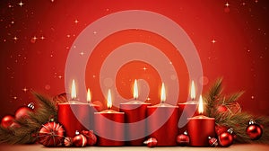 Christmas card with candles burning on the red background. Generated AI.