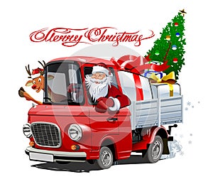 Christmas card with cartoon retro Christmas truck