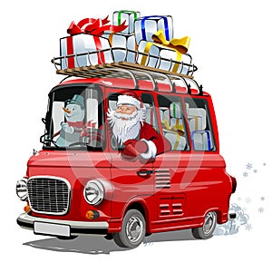 Christmas card with cartoon retro Christmas van
