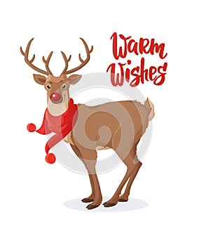 Christmas card. Cartoon Rudolph red nose reindeer with scarf. Warm wishes text, hand drawn lettering.