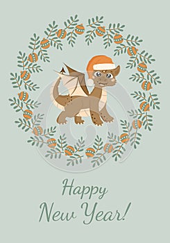 Christmas card in cartoon style. Cute dragon in a Santa Claus hat