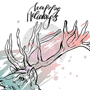 Christmas card on the chalkboard with the words Happy Holidays with the silhouette of a head deer vector