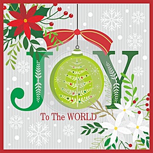 christmas card with christmas ball wreath and joy to the world