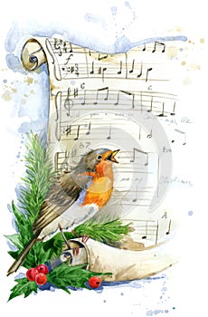 Saludo de navidad. pájaro acuarela 