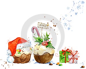 Christmas Card with Christmas cake. Watercolor Christmas cake illustration. Background for New Year invitation card. photo