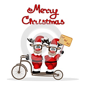 Christmas card. Christmas reindeers on a bicycle.