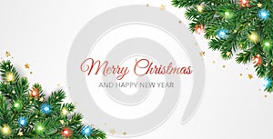 Christmas card with Christmas tree corner decoration and colorful lights
