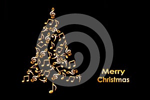 Christmas card with a Christmas tree made of shiny golden musical notes on black
