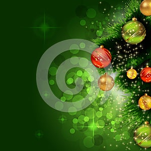 Christmas card with Christmas tree toys on a green background