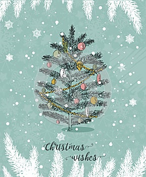 Christmas card with christmas tree in the vintage hand drawn style. Cute snowflakes and pine tree branches under the snow.