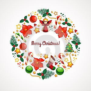 Christmas card with circle ornament. Vector illustration.