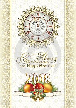 2018 Christmas card with a clock and Christmas decorations